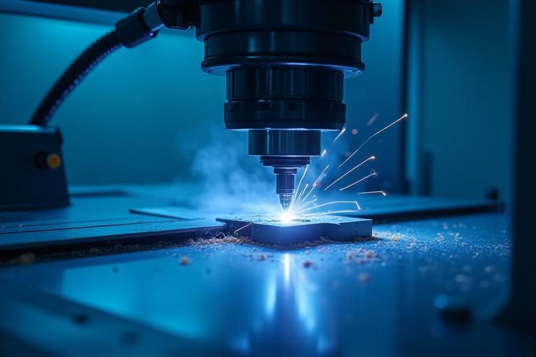 Moderne CNC-maskin i drift, presisjonsskjæring av metallkomponenter med sterkt lys og fokus.