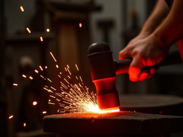 En smed som arbeider med en rødglødende metallstang på en ambolt, gnister flyr rundt